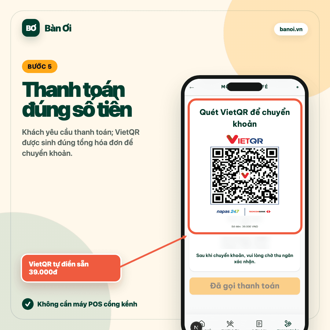 Bước năm thanh toán đúng số tiền bằng VietQR trên Bàn Ơi