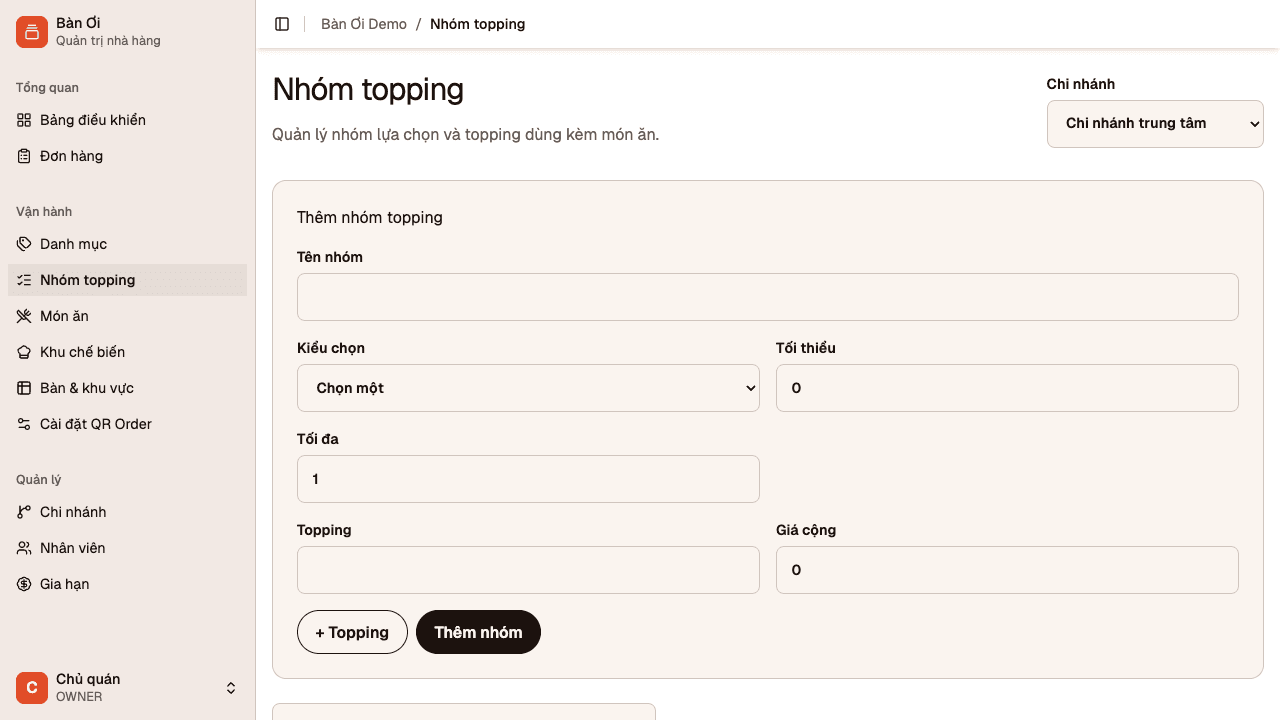 Giao diện quản lý nhóm topping của Bàn Ơi