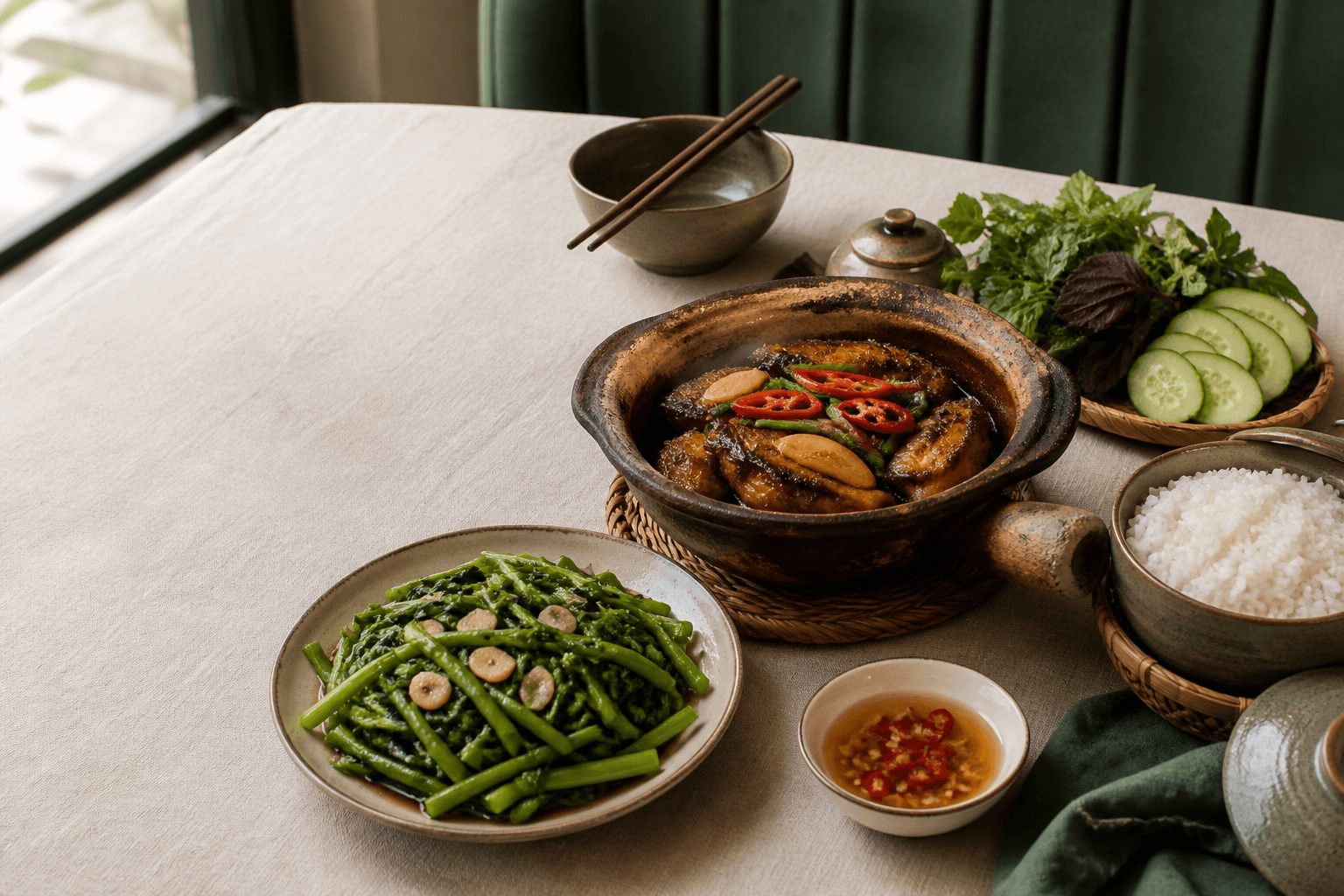Bàn món Việt với cá kho, rau xào và cơm